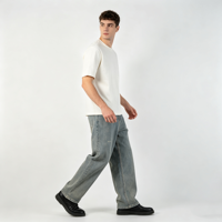 Jean bleu délavé vintage pour homme, coupe droite, déchiré, cinq poches, pantalon décontracté, OEM, vente en gros