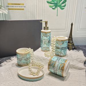 Vente flash - Ensemble d'accessoires de salle de bain de luxe en céramique de style nordique écologique, 5 pièces, avec design noir - Product Image 6