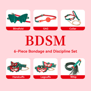BANSEY 7 Pieces Green PU Leather Bondage Kit Butterfly Blindfold Ball Gag Handcuffs <b>Whip</b> Collar Leash Flirting Passion <b>Tool</b> - Product Image 1