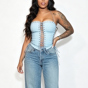 Haut court bustier style <span class=keywords><strong>corset</strong></span> à lacets pour <span class=keywords><strong>femme</strong></span>, avec œillets croisés et liens latéraux, Sehe Fashion - Product Image 1