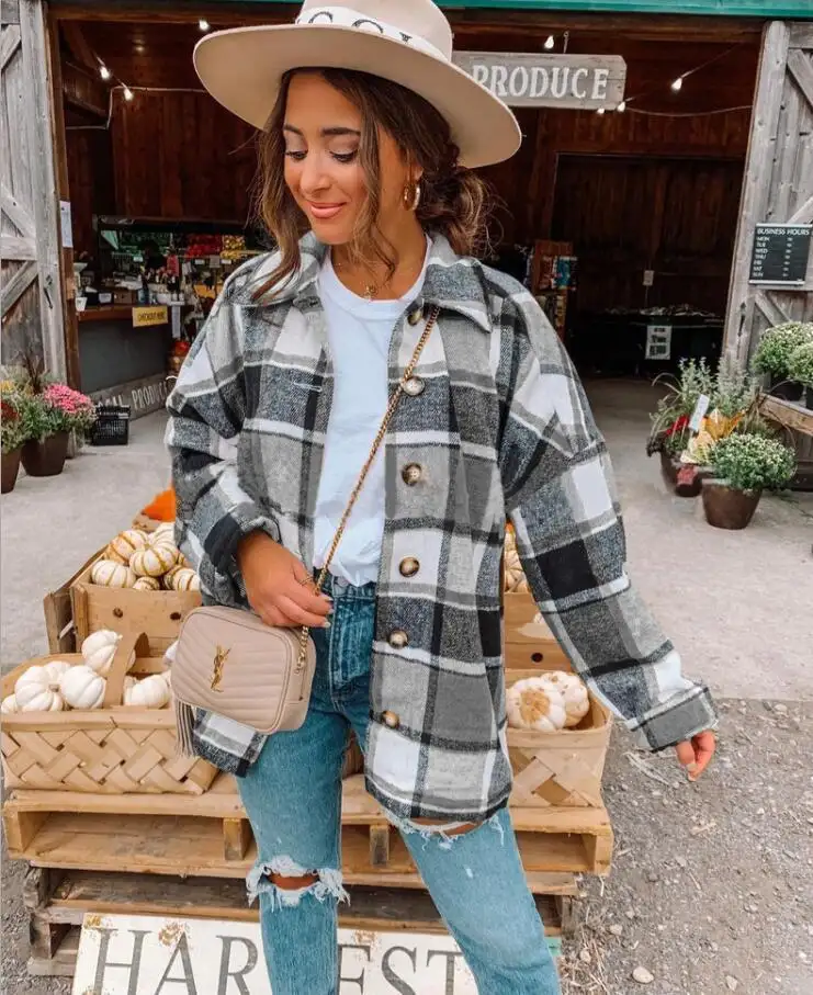 6 Colors Factory High Quality Women Clothes Outdoor Jacket Women Plaid Shacket Ladies Flannel Jacket