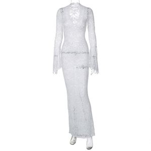 Dropshipping bianco Sexy sirena lunga Maxi abito con stampa a maglia floreale sottile trasparente in pizzo manica lunga svasata lavabile - Product Image 5