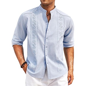 Nam giản dị Linen Áo sơ mi Cuban guayabera dài tay áo bãi biển Áo sơ mi <span class=keywords><strong>collarless</strong></span> nút xuống t Áo sơ mi - Product Image 4