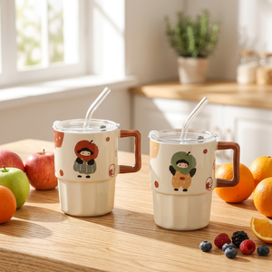 Vintage-style Cartoon Porcelain Couple's Mug <b>Lid</b> <b>Microwave</b> Dishwasher Safe Food Safe High Temperature Resistant Practical - Product Image 2