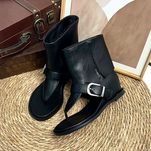 Sandalias Retro Estilo Hong Kong para Mujer, Chanclas Planas con una Sola Tira, Zapatos de Playa de Color Sólido Negro Caqui, Calzado de Verano a la Moda - Product Image 4