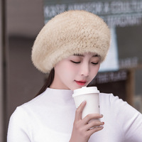 Bonnet de Style nouveau pour femmes béret en fourrure de vison coréen Protection des oreilles chaude broderie à la main conception de personnage respirant tricoté