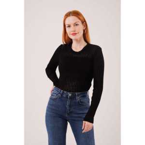 Chemisier en tricot à manches longues pour femme, bleu marine, avec couche transparente, pour tous les jours - Product Image 1