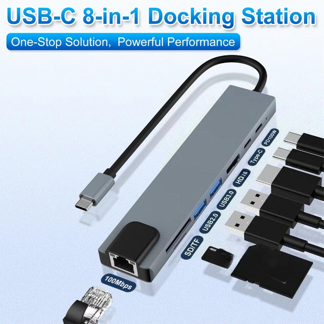 8 in 1 Type-C to USB 3.0 4K HD Adapter Hub with RJ45 SD/TF Card Reader PD Fast Charge