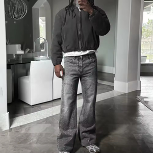 Benutzer definierte Premium Heavyweight Double Knee Strass Jeans Vintage Sun Faded Acid Wash Straight Leg Baggy Fit Jeans hose für Männer - Product Image 2