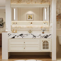 Meuble de salle de bain mural de style américain en bois d'hévéa écologique de haute qualité avec miroir intelligent et lavabo en céramique