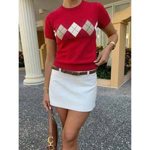 <b>Argyle</b> Contrast Short Sleeve <b>Sweater</b> Women's Burgundy Knit Top - Product Image 5