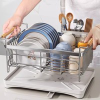 Égouttoir à vaisselle en acier inoxydable 304 antirouille avec poignée en bois, panier de drainage de comptoir pour le rangement des bols, assiettes et ustensiles de cuisine
