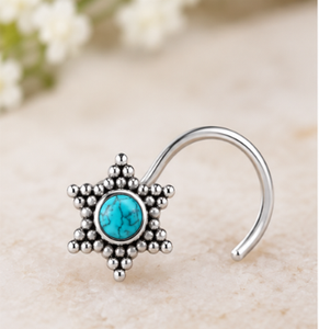 Bijou de nez ethnique indien en argent sterling 925, turquoise, avec pierre précieuse ronde et serti floral perlé, pour femme et fille - Product Image 1