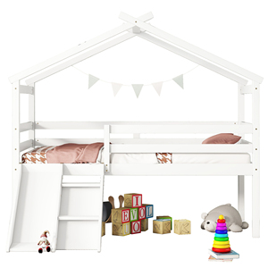 Kids Playhouse Loft <strong>Bed</strong>, White Twin Low Loft <strong>Bed</strong> <strong>with</strong> <strong>Slide</strong>, Ladder &amp; Anti-Fall Guardrails - Product Image 4