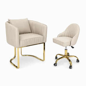 Ensemble de fauteuils de salon capitonnés de luxe en velours crème, fauteuil seau avec base en traîneau doré, fauteuil pivotant assorti avec base à cinq étoiles sur roulettes - Product Image 2