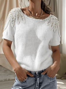 Haut en tricot <span class=keywords><strong>blanc</strong></span> duveteux pour femme avec appliques de feuilles de perles, <span class=keywords><strong>col</strong></span> <span class=keywords><strong>bateau</strong></span>, manches courtes, élégante chemise <span class=keywords><strong>pull</strong></span> - Product Image 1