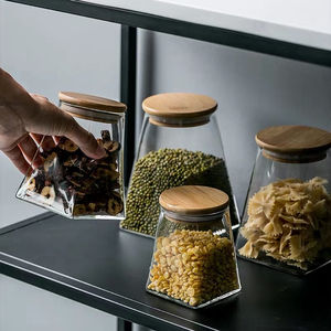 Pot en verre BOROSILICATE <span class=keywords><strong>de</strong></span> bambou pour stockage d'aliments, <span class=keywords><strong>de</strong></span> forme carrée, pot en verre BOROSILICATE, 350/500/750/950ML, vente en gros - Product Image 1