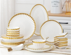 Ensemble <span class=keywords><strong>de</strong></span> vaisselle <span class=keywords><strong>de</strong></span> restaurant pour fêtes et tables, vaisselle en céramique pour hôtels, ensembles <span class=keywords><strong>de</strong></span> vaisselle à bord doré plaqué <span class=keywords><strong>porcelaine</strong></span> <span class=keywords><strong>de</strong></span> <span class=keywords><strong>luxe</strong></span> royale - Product Image 1