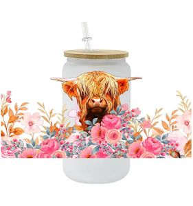100 + impermeable personalizado caliente girasoles Highland Cow UV Wrap 16OZ UV Dtf pegatinas Floral vaca Libbey Cup UV Dtf Cup Wraps calcomanías - Product Image 4