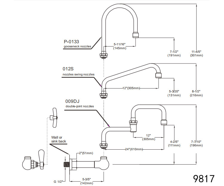9817-P3 Wall-mounted Single Pantry  Single Lever Handle Gooseneck Swivel Faucets for Kitchen Basin Sink