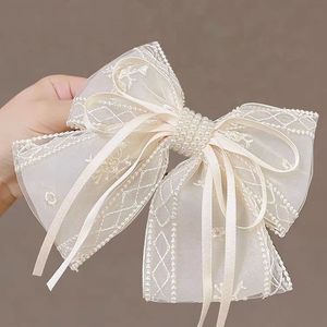 Pinza de pelo de encaje para vacaciones de verano, pasadores de pelo con nudo de lazo blanco y negro para mujer, horquilla elegante con lazo de malla - Product Image 4