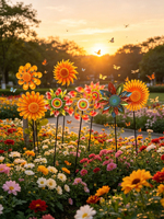 Piquet décoratif de jardin en métal jaune en forme de fleur à pétales, résistant aux intempéries, pour pelouse et jardin