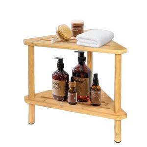 Estante de baño triangular de madera de doble capa, independiente, con reposapiés para ducha y almacenamiento para artículos de aseo y plantas - Product Image 5