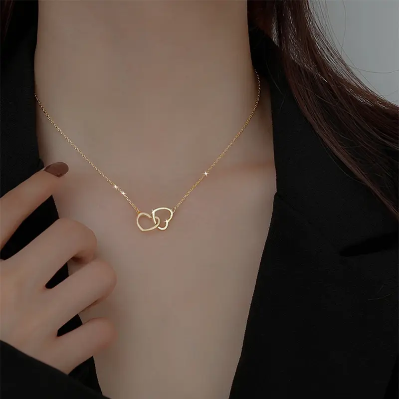 G2561 Wholesale Collier En Acier Inoxydable Stainless Steel Interlocking Hollow Double Hearts Pendant Necklace Jewelry Necklaces