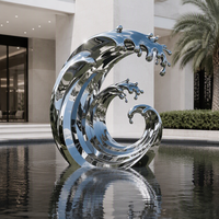 Sculpture moderne abstraite en acier inoxydable poli miroir, motif vague océanique, ornement paysager extérieur, statue d'art métallique