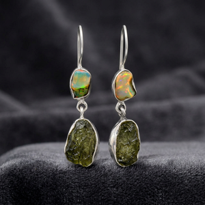 925 Sterling <b>Silver</b> Genuine Czech Moldavite Ethiopian Opal Rough Gemstone Handmade Solid <b>Silver</b> <b>Drop</b> <b>Earrings</b> Wedding Party - Product Image 3
