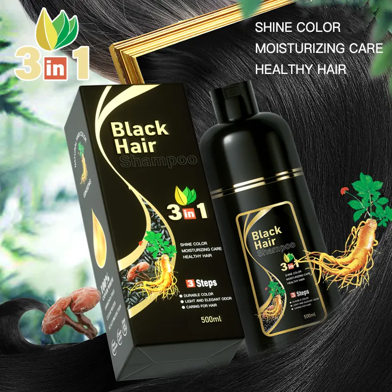 OEM al por mayor Semi permanente saludable antiadherente cuero cabelludo Ginseng Amoníaco libre 500ml 3 en 1 negro tinte champú