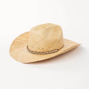 Chapeau de soleil d'été en paille de raphia tressé à la main, tendance, ajouré, style western, avec perles décoratives, pour le voyage, vente en gros - Product Image 4
