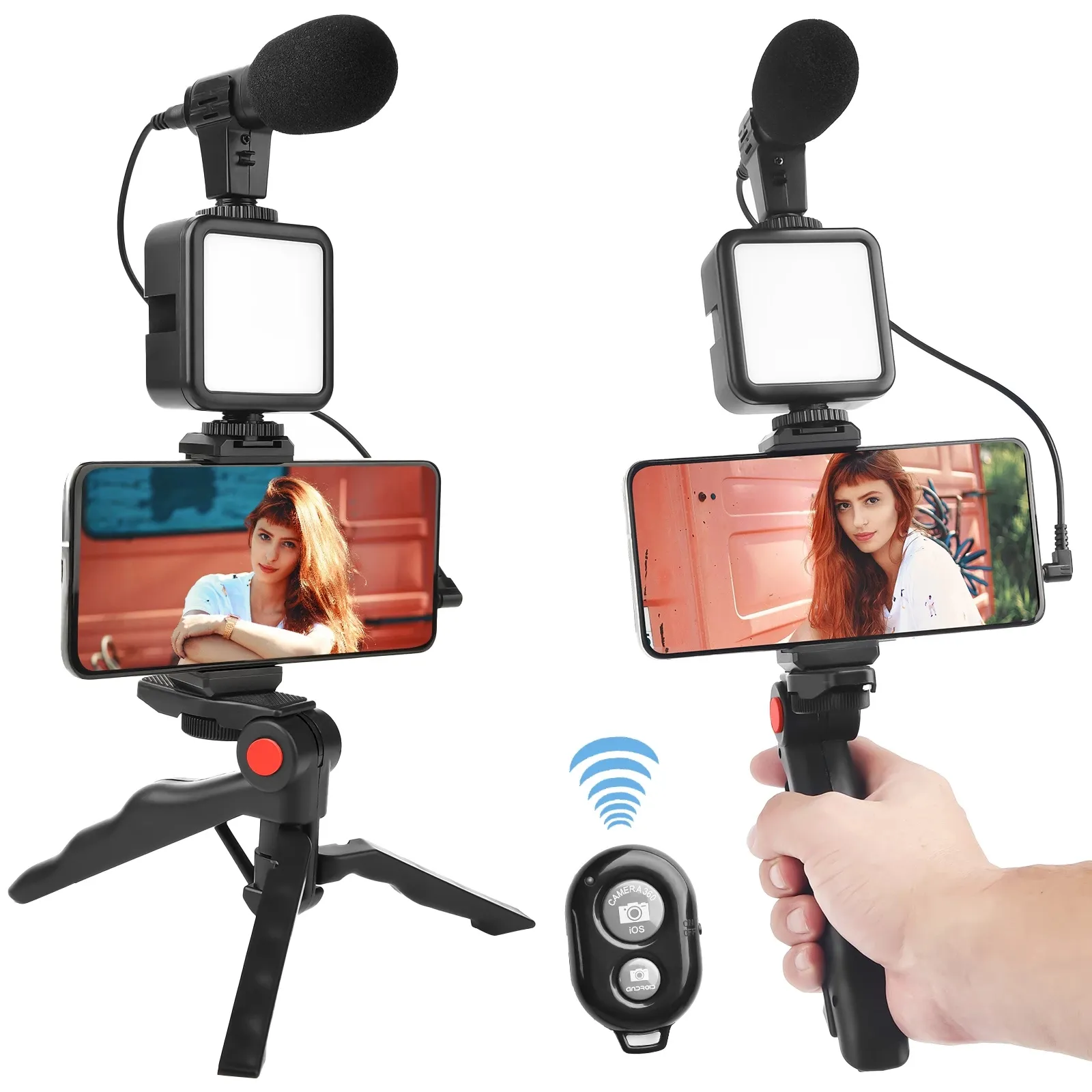 Kit Vlogging Ponsel Pintar Remote Control Nirkabel, Set Lampu Video Led, Mikrofon Tripod dengan Dudukan Ponsel untuk Ponsel Pintar Youtube