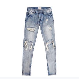 Vaqueros ajustados de mezclilla azul desgastado con roturas en las rodillas y cremallera en el tobillo para hombre, estilo urbano personalizado - Product Image 4