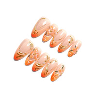 30 faux ongles à presser, forme amande, nude, orange ombré, motif floral doré, avec lime à ongles, vente en gros, dropshipping