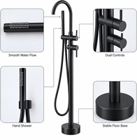 Robinet de baignoire sur pied en laiton noir mat, design contemporain, double poignée, avec douchette pluie et valve en céramique, idéal pour les hôtels