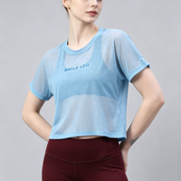 Kaos Crop Top Berbahan Mesh Bernapas dengan Pola Cetak Transfer Sublimasi Kustom dan Lengan Pendek Reguler
