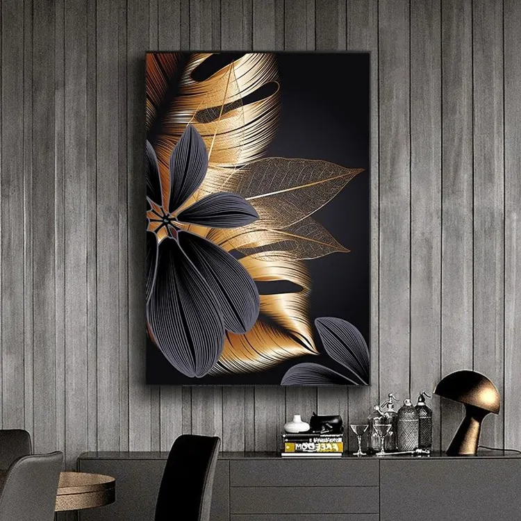 İskandinav oturma odası dekorasyon sanat boyama resim siyah altın bitki yaprak tuval Poster baskı Modern soyut duvar sanatı boyama