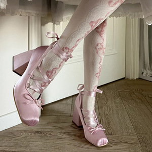 Zapatos de Tacón Alto Estilo Ballet, Tacones Gruesos Estilo Mary <span class=keywords><strong>Jane</strong></span> con Tiras Cruzadas, Satén Francés con Lazo, Estilo Loli - Product Image 1