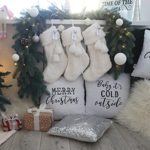Mogonram Décoration de Noël en gros, chaussettes de Noël blanches en fausse fourrure bouclée Teddy - Product Image 1