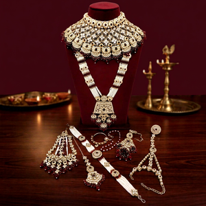 Gold Plated Ethnic Bridal Jewelry <b>Set</b> Necklace Earrings Maang Tikka Bracelet Crystal Rhinestone Tassel Design for Wedding - Product Image 1