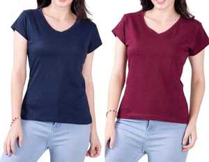 เสื้อยืดแขนสั้นคอวีผ้าเจอร์ซีย์สีพื้นสำหรับผู้หญิง ทรงเข้ารูป สีกรมท่าและสีแดงเบอร์กันดี ผ้าฝ้าย 100% กันยับ สำหรับฤดูหนาว - Product Image 3