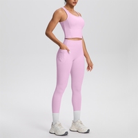 Setelan Yoga Dua Potong Warna Solid Berbahan Brushed Double-sided Breathable dengan Saku, Cocok untuk Olahraga Lari dan Fitness