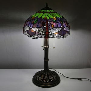 LongHuiJing 16Inch Tiffany Style Dragonfly Stained Glass Lampshade Home Table Lamps Antique Bronze 3-<b>light</b> With Brown - Product Image 1