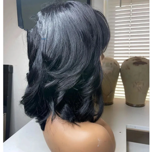 Wig rambut manusia pendek model bob bergelombang, potongan layer, dengan poni, warna hitam alami, tanpa lace, buatan mesin, bagian atas seperti kulit kepala manusia, rambut Remy untuk wanita kulit hitam. - Product Image 6