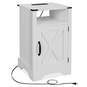 Farmhouse Nightstand Side <b>Table</b> White Wooden Rustic End <b>Table</b> <b>Tall</b> Bedside With Electrical Outlets Charging Station - Product Image 3