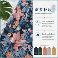 Tissu imprimé écologique 40S Twill à motif floral tropical bleu marine pour literie, coussins et mobilier d'extérieur OEKO-TEX