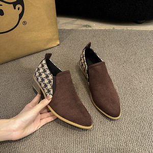 Pointed Toe Thick Heel Suede Retro Chidori Grids Flats for Women Spring Color Block Plus Size British Style Boots - Product Image 4