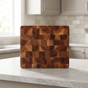 Planche à découper artisanale en bois d'acacia à grain traversant 25,7x23x2,1cm Écologique et durable, compatible lave-vaisselle |   Vente en gros |   Aqudus Saleem - Product Image 3
