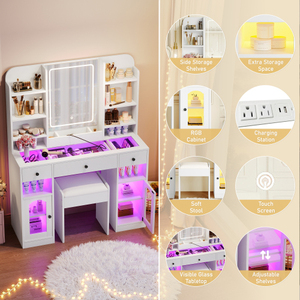 43.2" LED Vanity Desk with RGB <b>Mirror</b> Lights, 5-Drawer <b>Dressing</b> <b>Table</b> with Stool, White MDF & Glass Top <b>for</b> Bedroom - Product Image 5